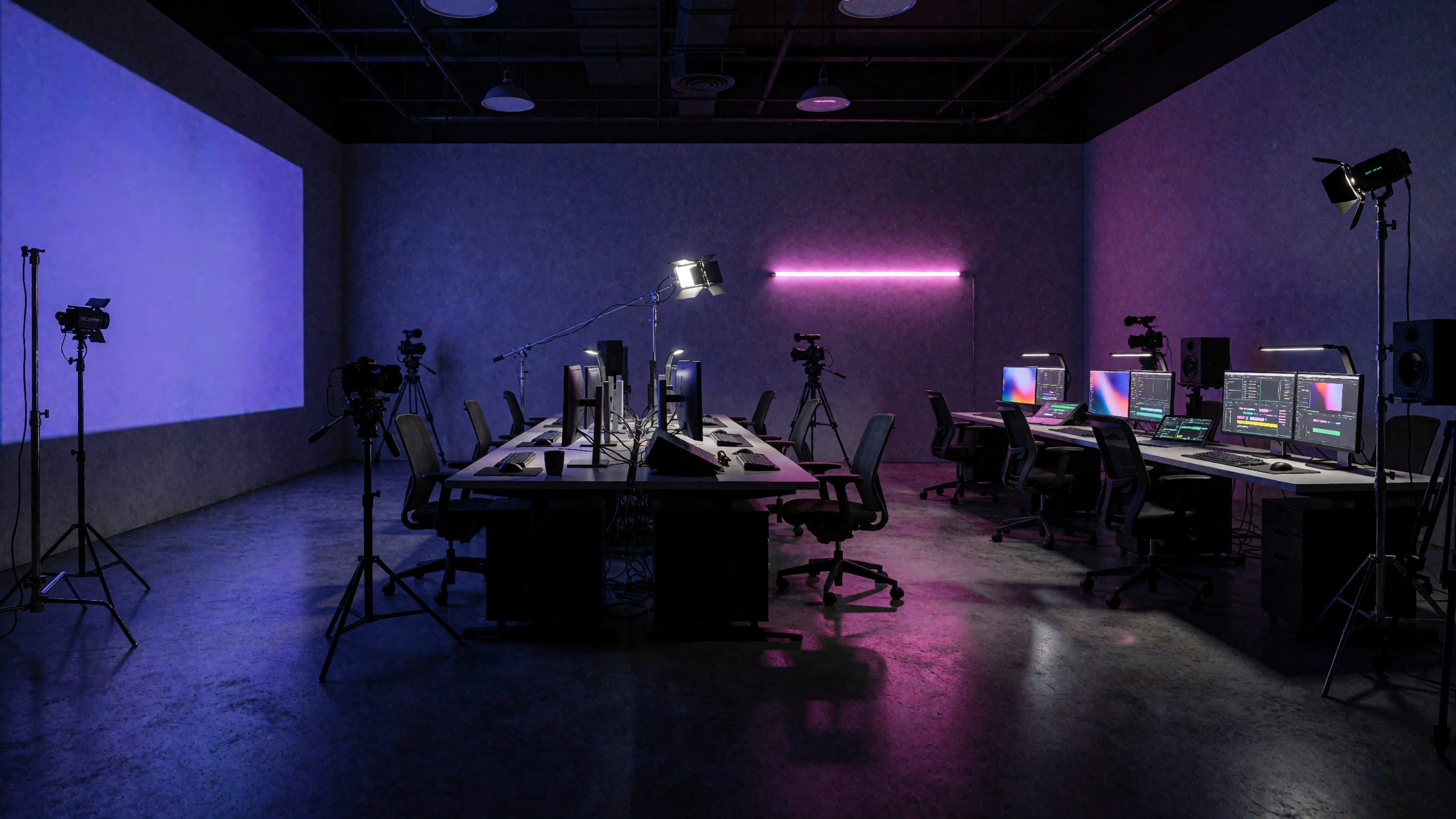 The studio floor lit in violet