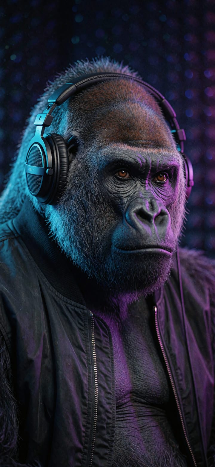 An ape wearing headphones, lit in cyan and violet