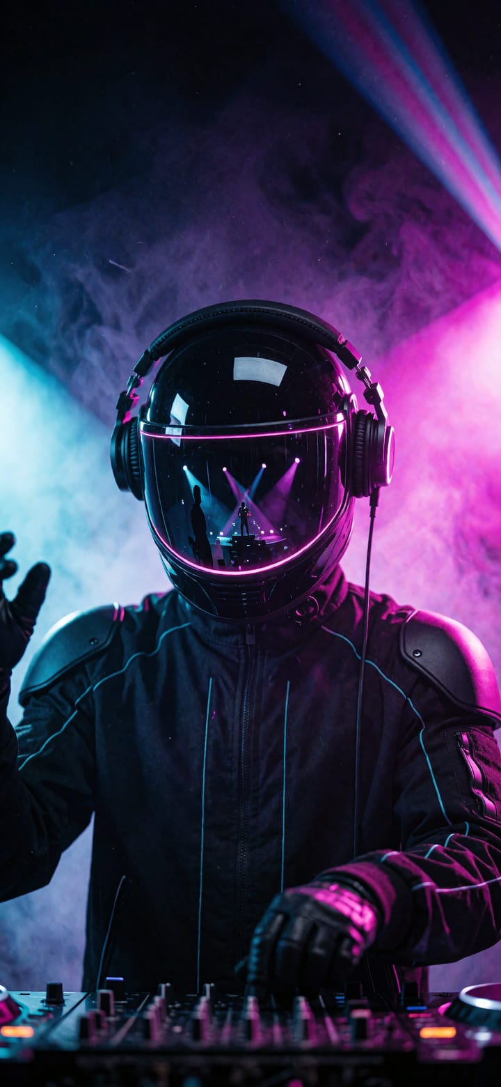 A cyber DJ in a helmet lit by pink stage light