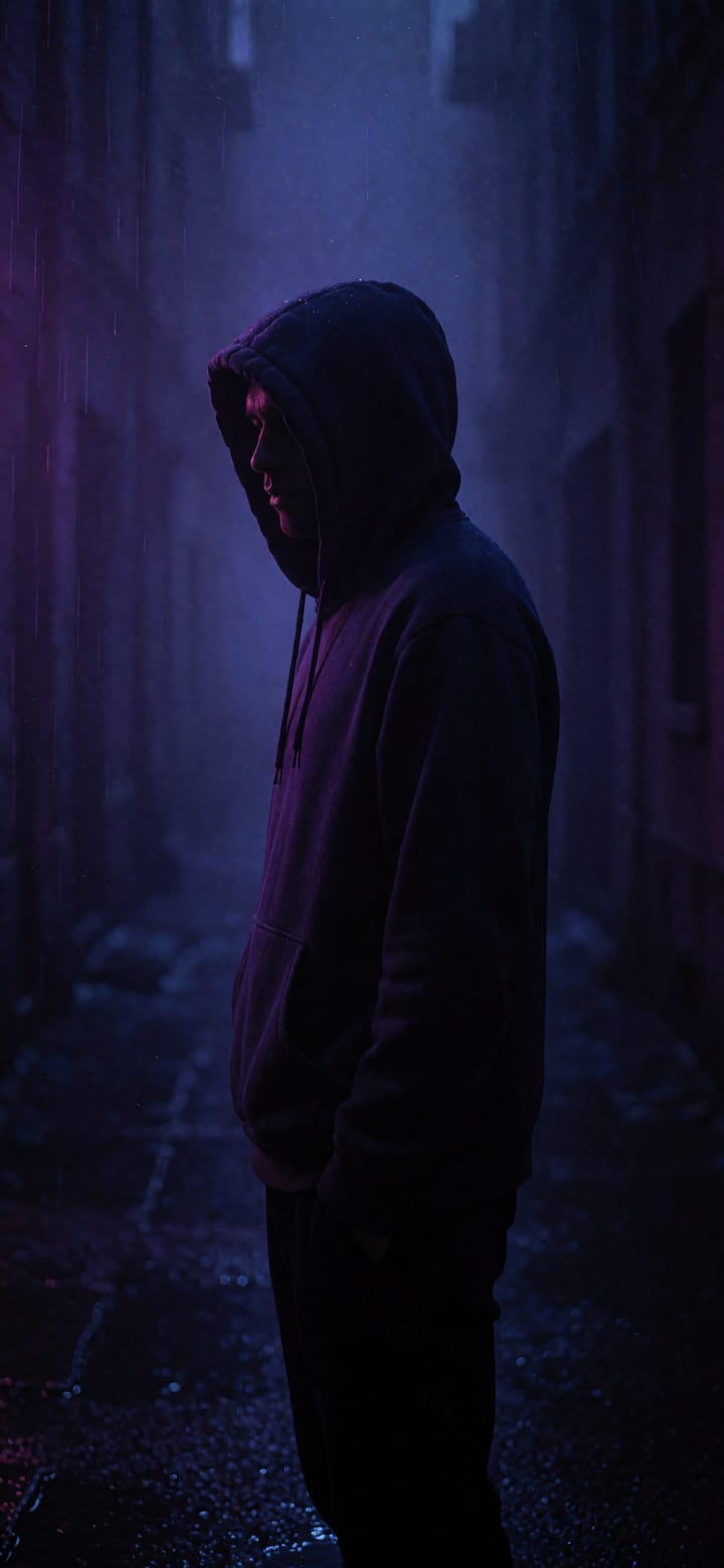 A dimly lit figure partly cropped behind the headline