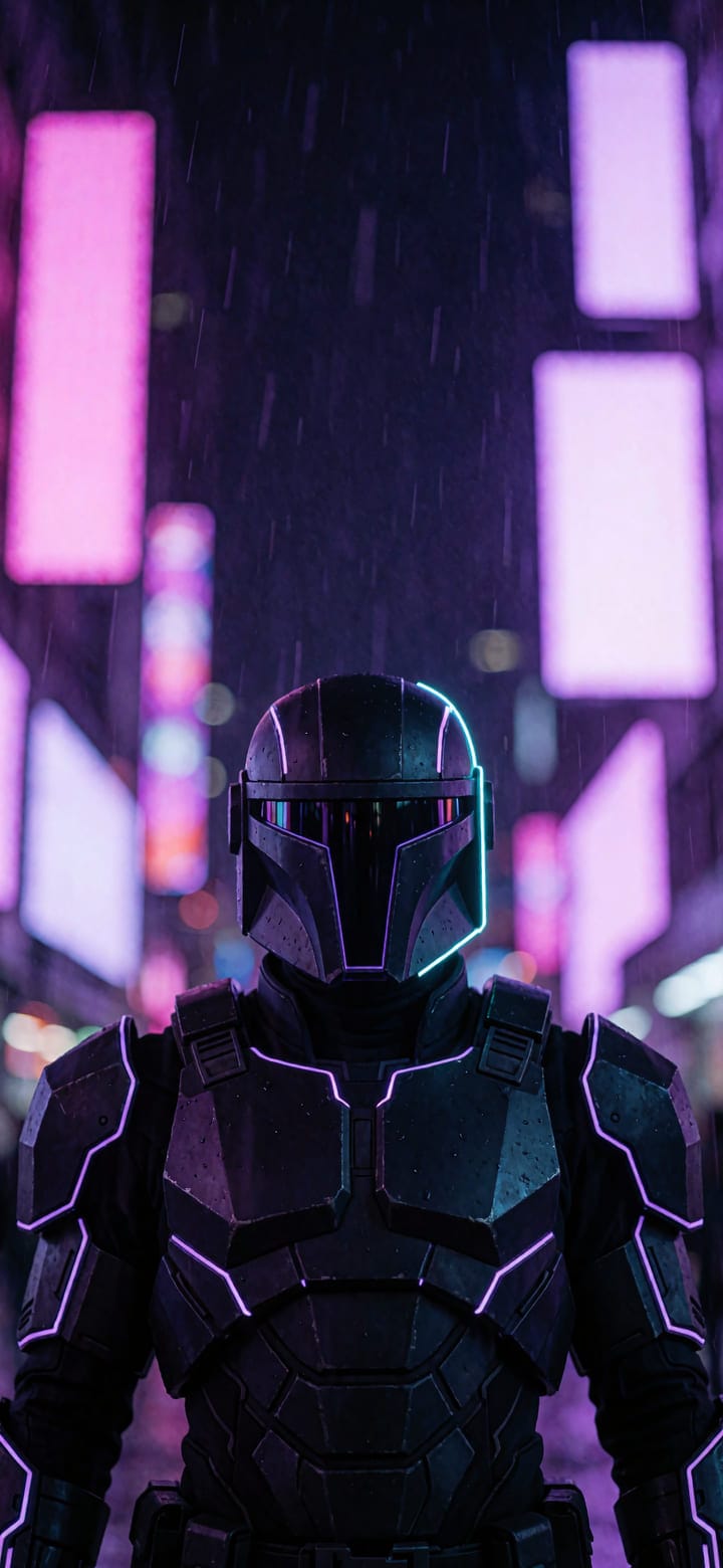 A sci-fi soldier silhouetted against neon signage