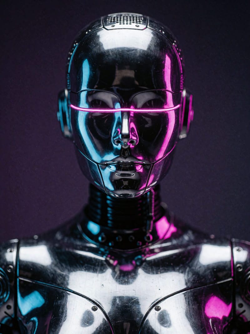 A chrome robot portrait lit magenta