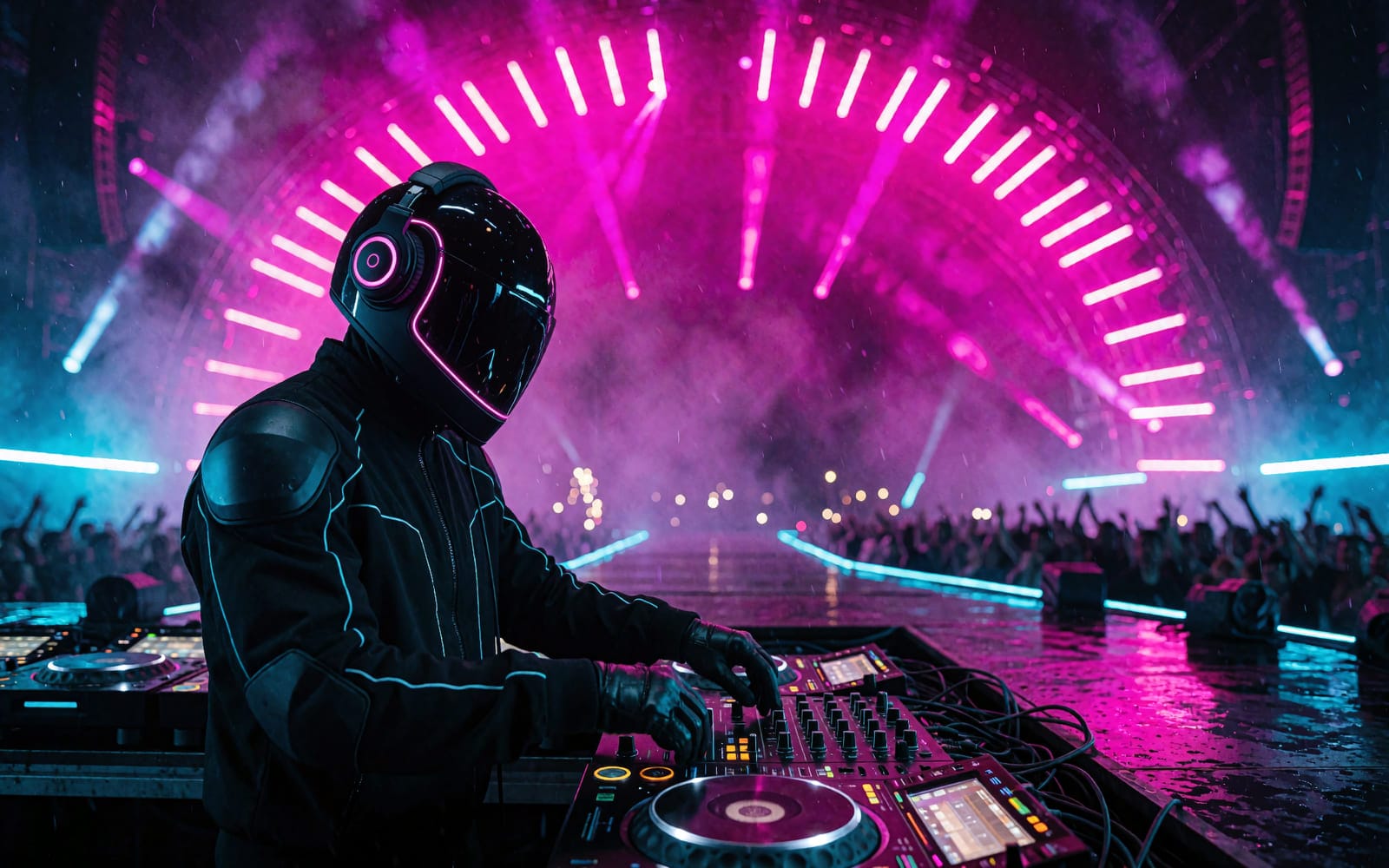 A wide cinematic shot of a performer under magenta light