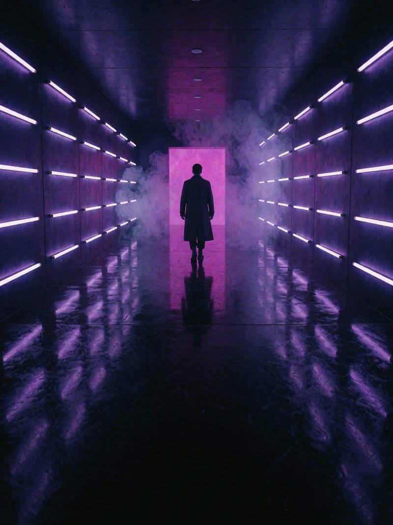 A figure walking down a neon corridor