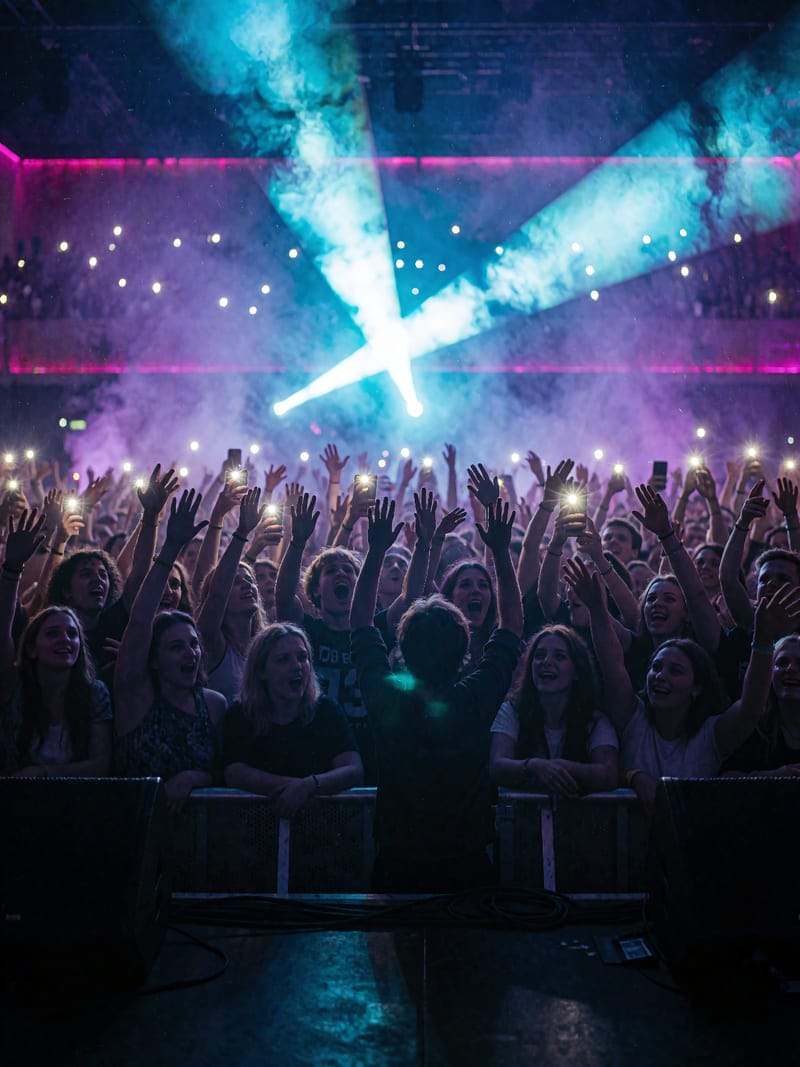 A crowd lit by cyan strobes
