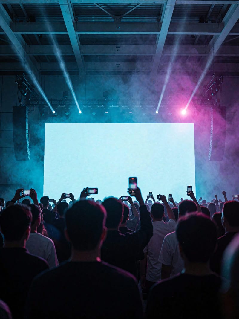 A blue-lit crowd at an event