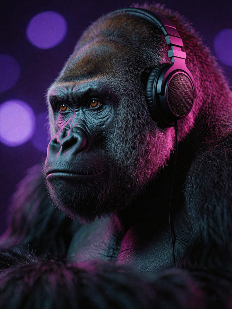 An ape's face in profile against neon light