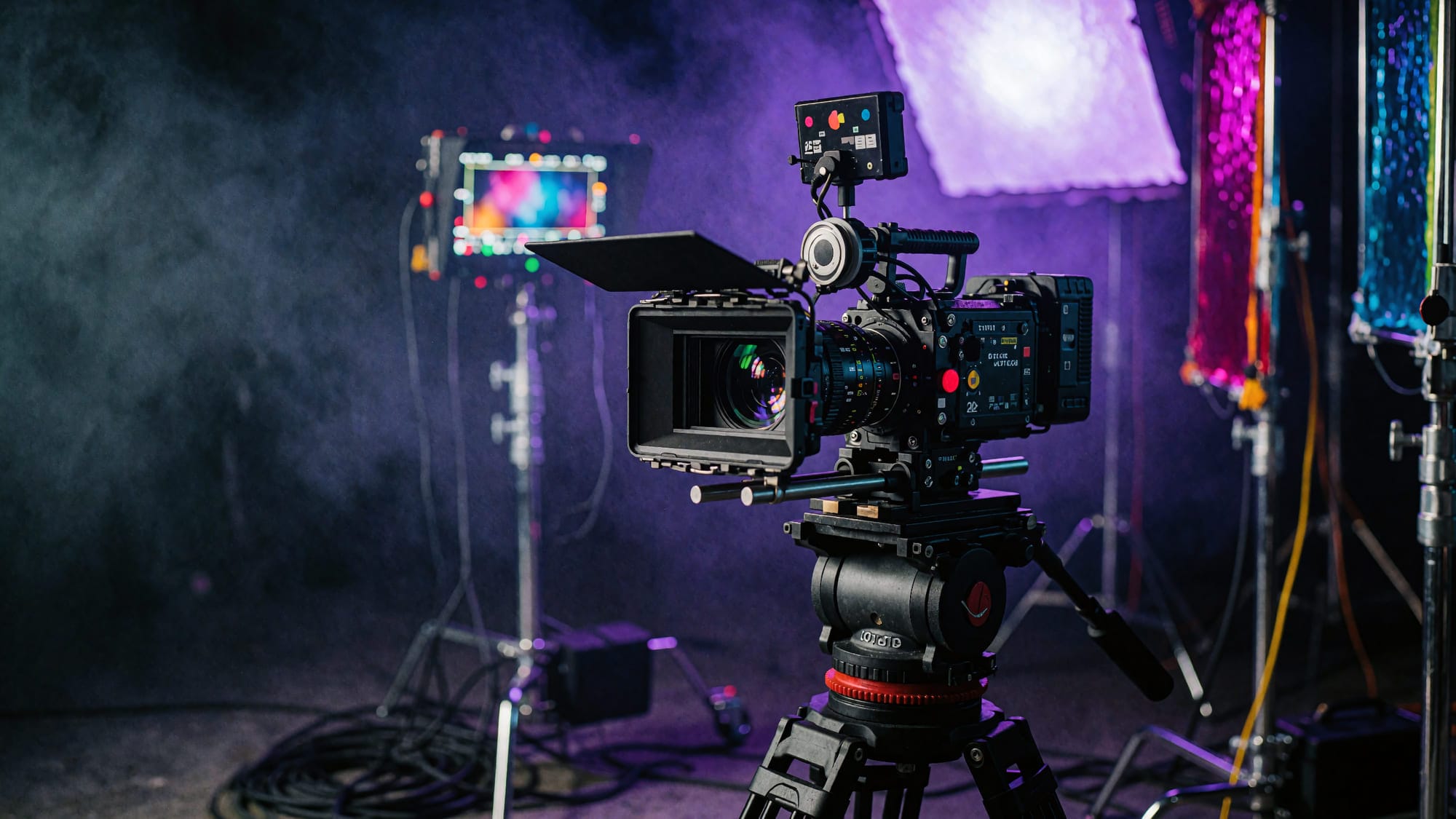 A camera on a neon-lit set